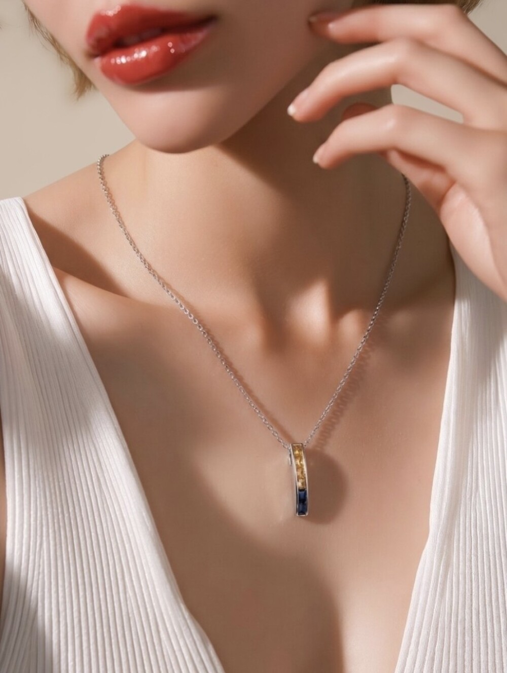 925 Sterling Silver Necklace 17" With Natural Blue & Yellow Sapphire Gems